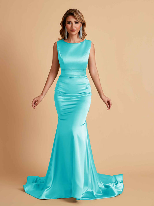 Elegant Satin Sleeveless Pleats Mermaid Bridesmaid Dresses Floor Length