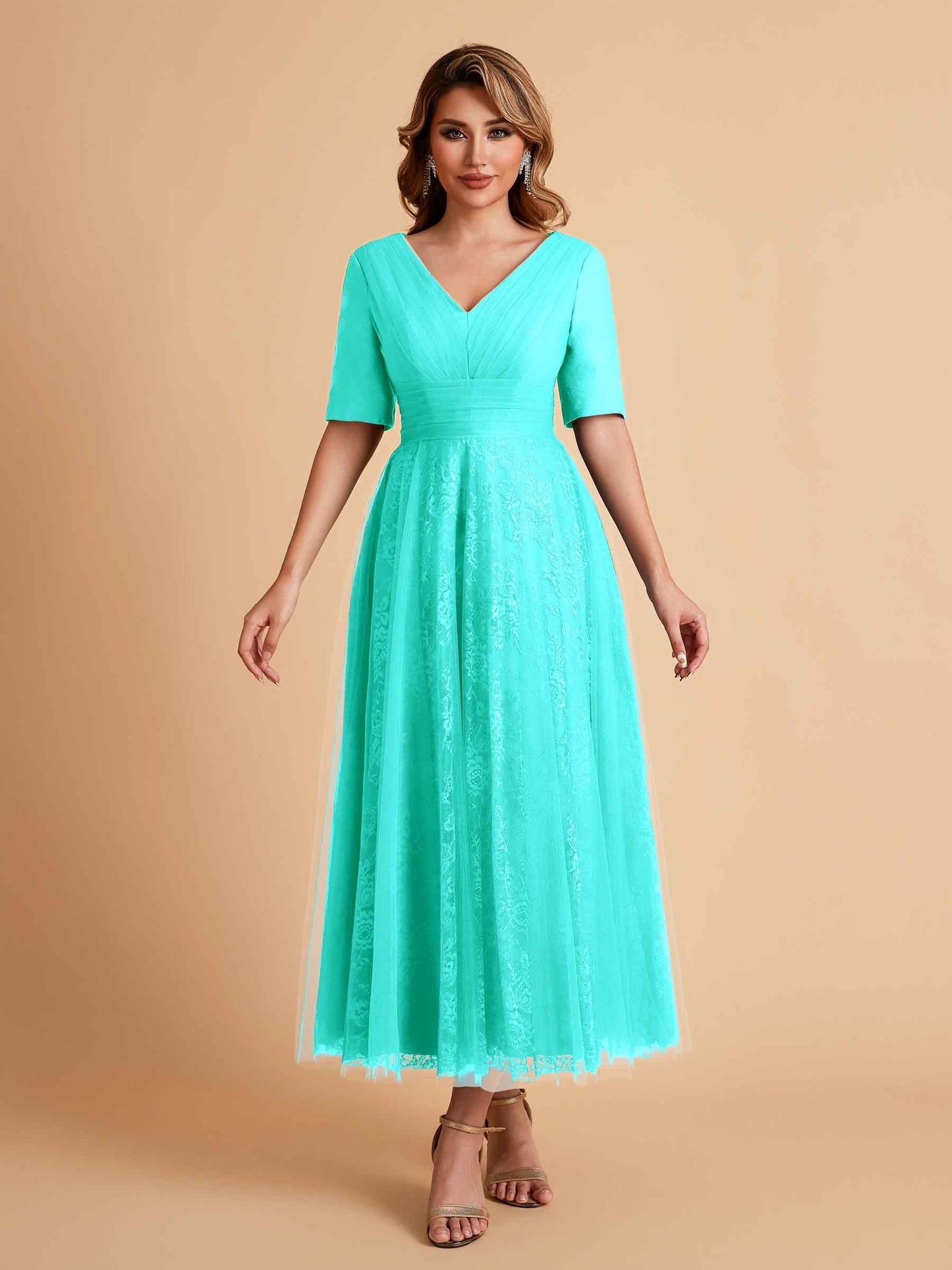 Elegant A-line Half Sleeves V-neck Mother of the Brides Dresses Online