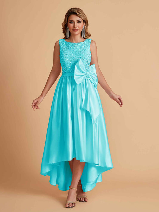 Sparkly Satin Sleeveless Pleats A-line Bridesmaid Dresses High-Low