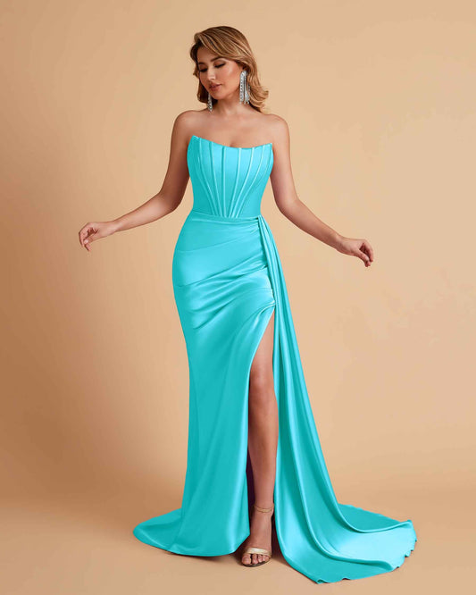 Sexy Satin Sleeveless Pleats Mermaid Bridesmaid Dresses Side Slit Floor Length