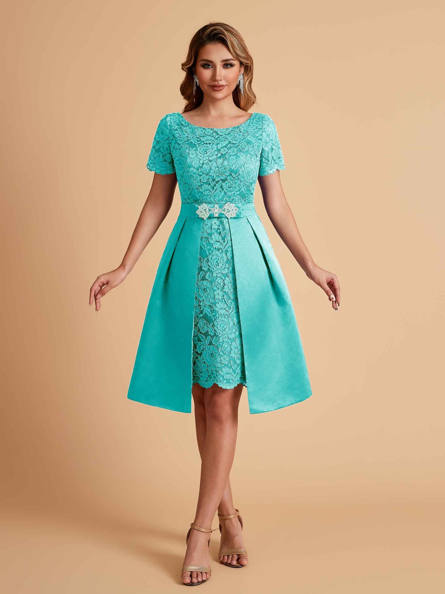 Elegant A-line Short Sleeves Jewel Knee Length Mother of the Brides Dresses
