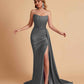 Sexy Satin Sleeveless Pleats Mermaid Bridesmaid Dresses Side Slit Floor Length