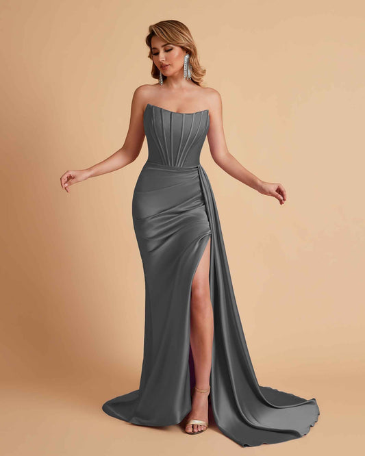 Sexy Satin Sleeveless Pleats Mermaid Bridesmaid Dresses Side Slit Floor Length
