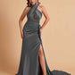 Elegant Satin Halter Pleats Side Slit Mermaid Bridesmaid Dresses Floor-Length