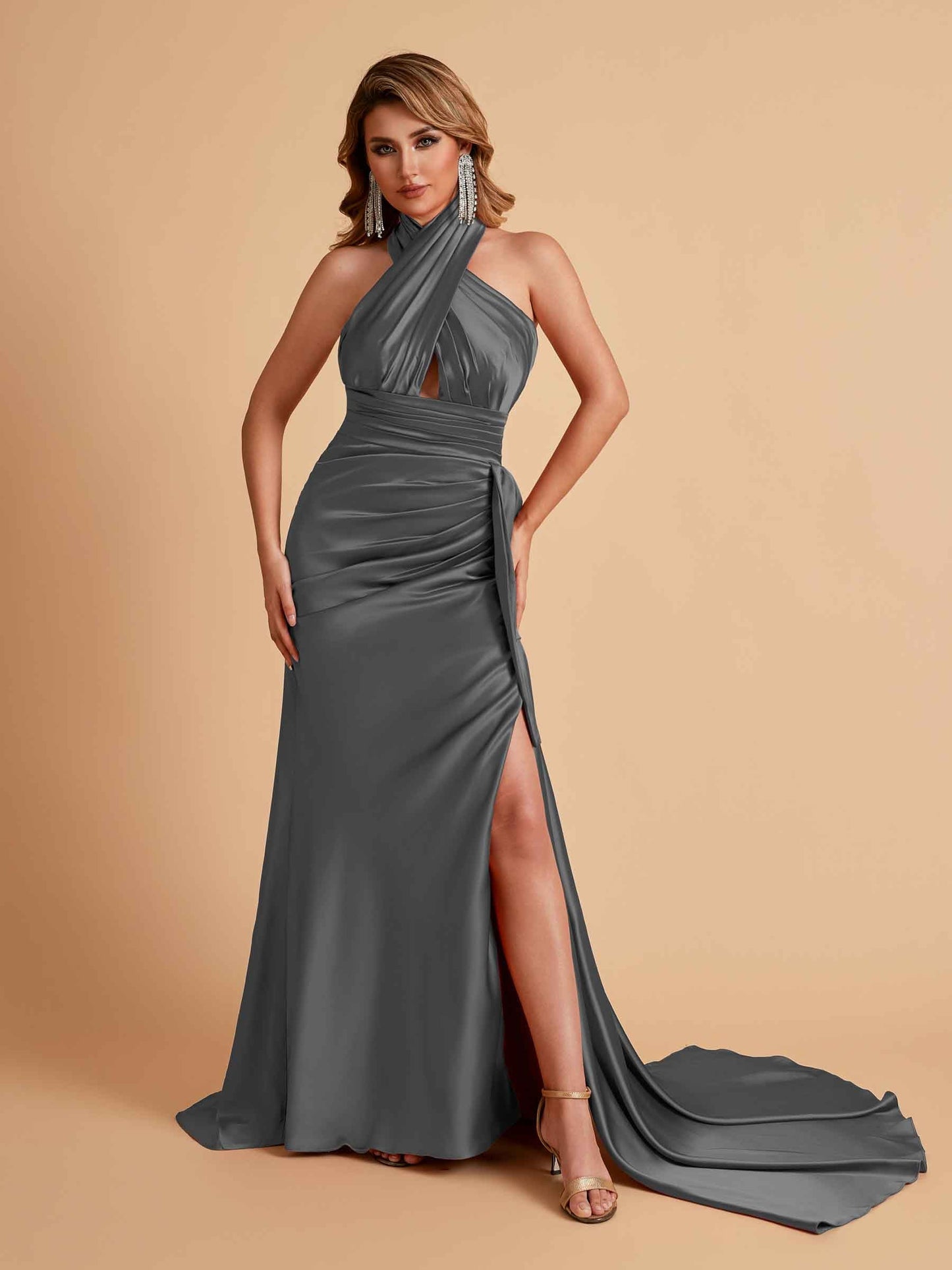 Elegant Satin Halter Pleats Side Slit Mermaid Bridesmaid Dresses Floor-Length