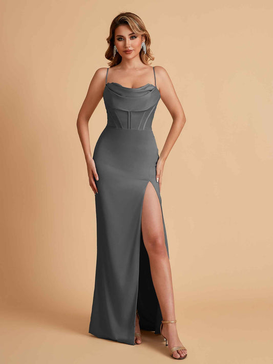Elegant Satin Spaghetti Straps Mermaid Side Slit Floor Length Bridesmaid Dresses