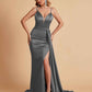 Sexy Satin Mermaid Spaghetti Straps V-neck Side Slit Long Bridesmaid Dresses