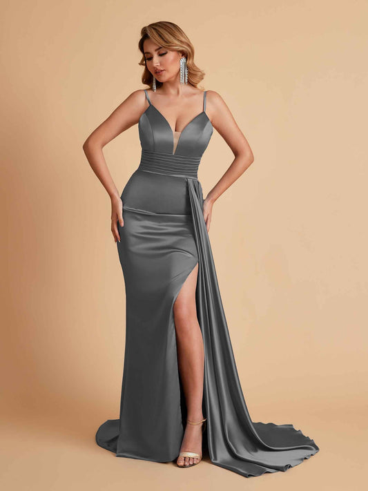 Sexy Satin Mermaid Spaghetti Straps V-neck Side Slit Long Bridesmaid Dresses