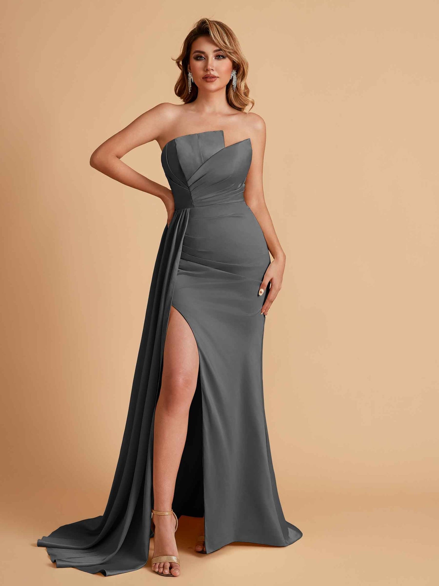 Elegant Satin Sleeveless Asymmetrical Mermaid Side Slit Floor Length Bridesmaid Dresses