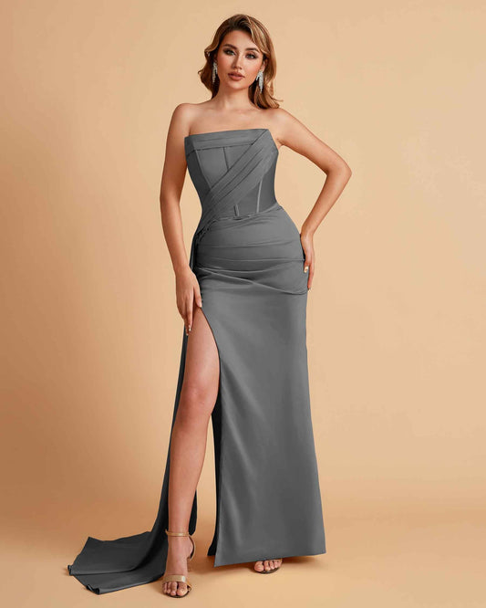 Elegant Satin Straight Neck Mermaid Side Slit Floor Length Bridesmaid Dresses