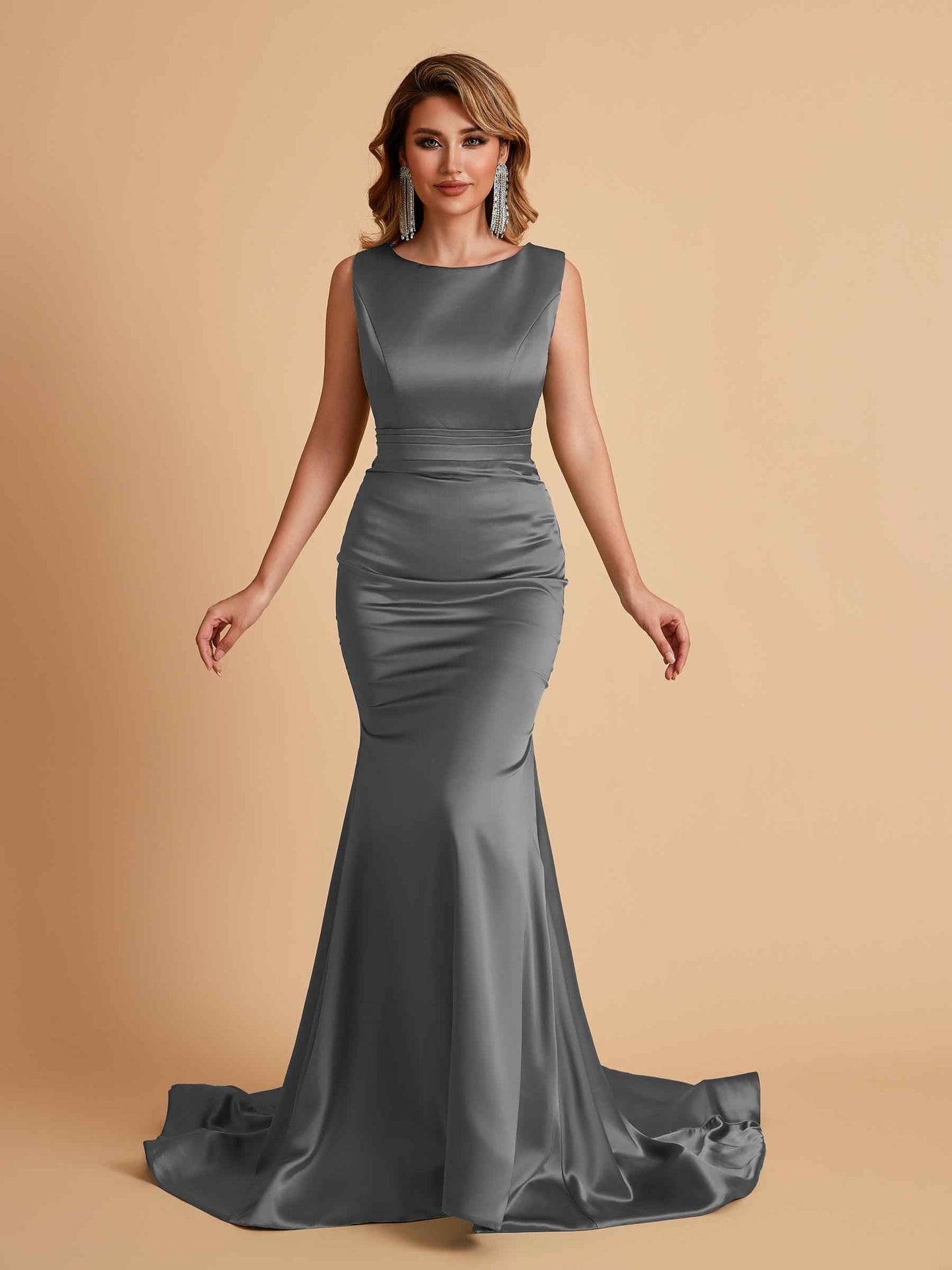 Elegant Satin Sleeveless Pleats Mermaid Bridesmaid Dresses Floor Length