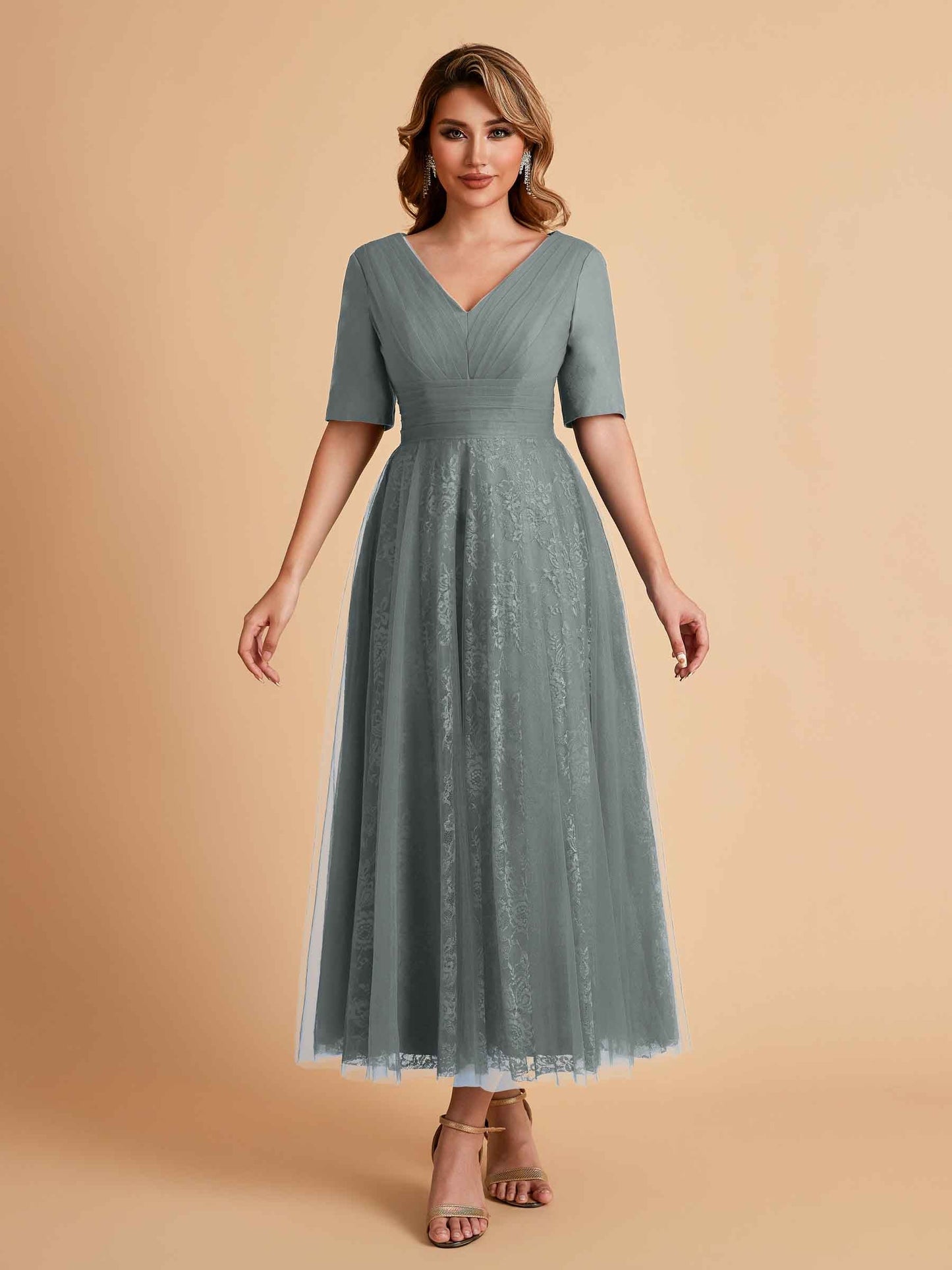 Elegant A-line Half Sleeves V-neck Mother of the Brides Dresses Online