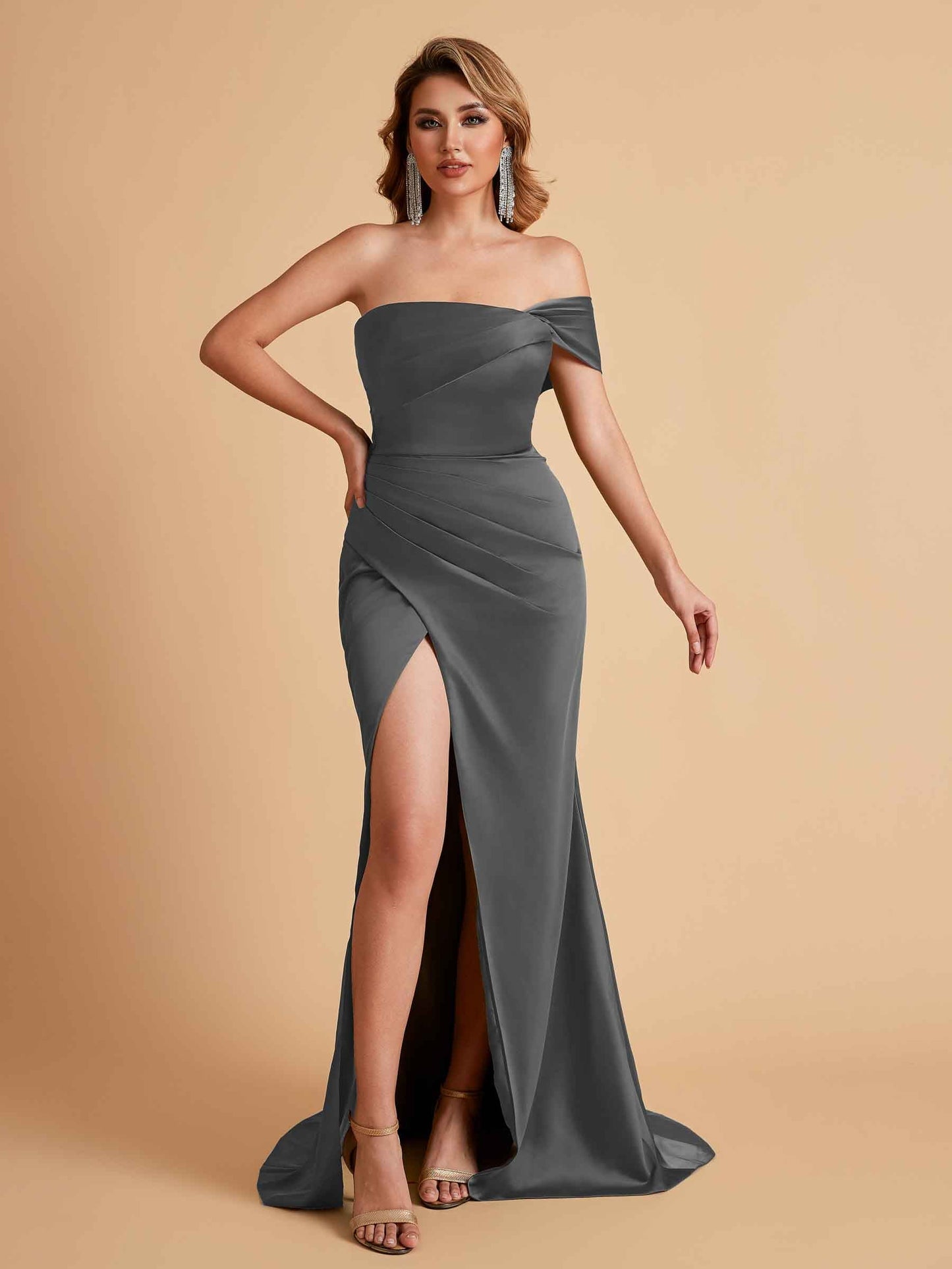 Sexy Satin One Shoulder Pleats Mermaid Bridesmaid Dresses Side Slit Floor Length