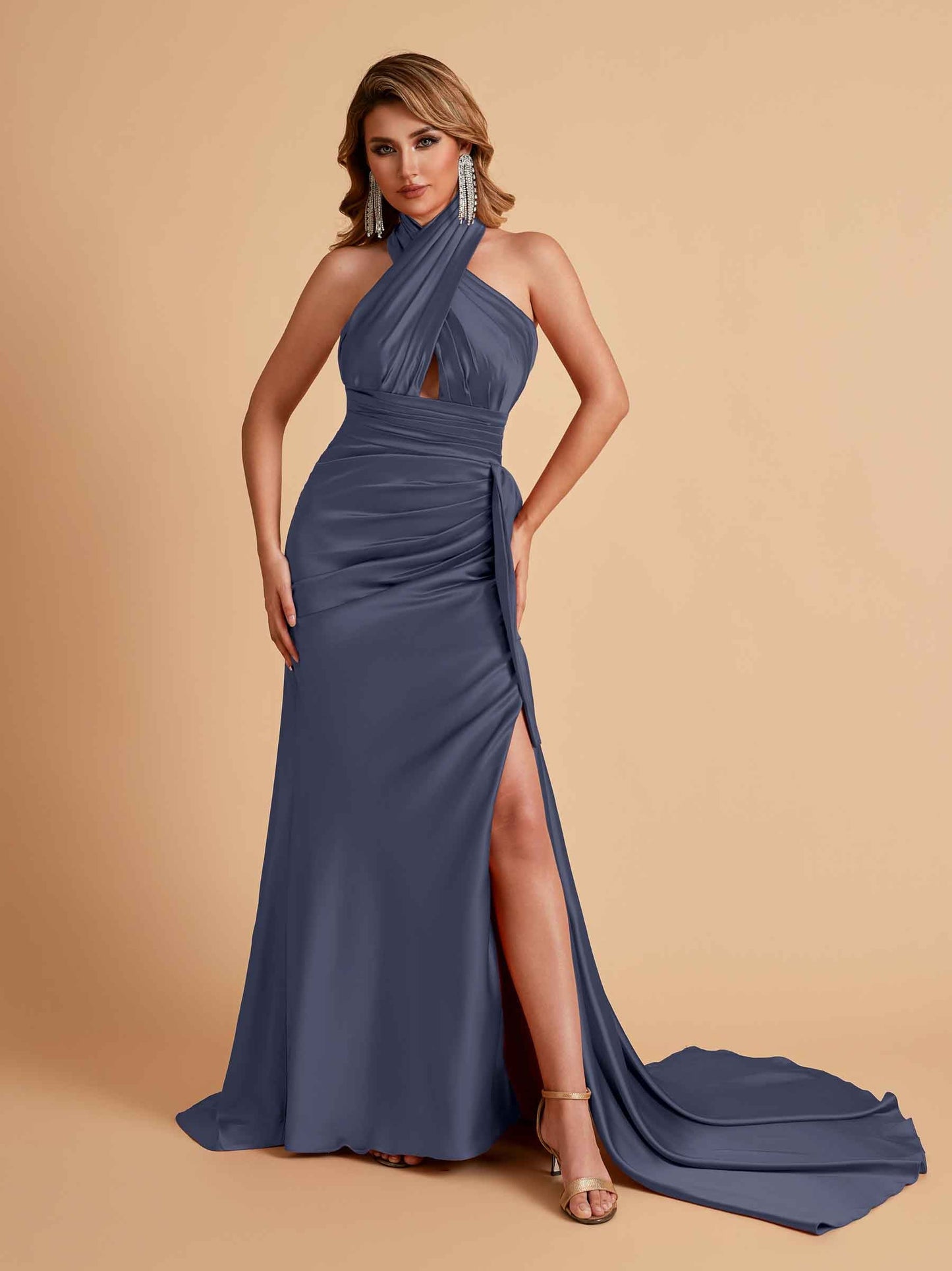 Elegant Satin Halter Pleats Side Slit Mermaid Bridesmaid Dresses Floor-Length