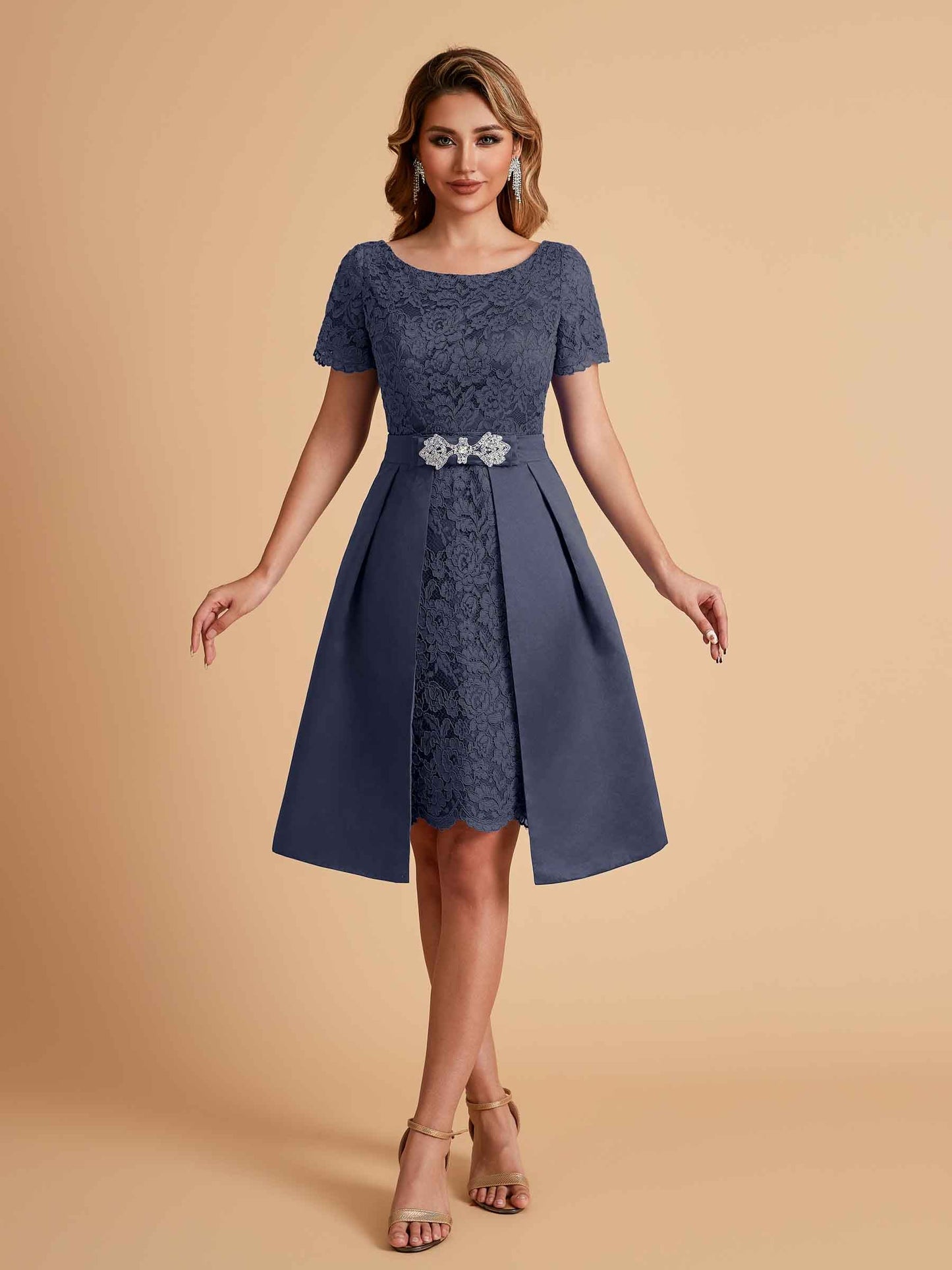 Elegant A-line Short Sleeves Jewel Knee Length Mother of the Brides Dresses