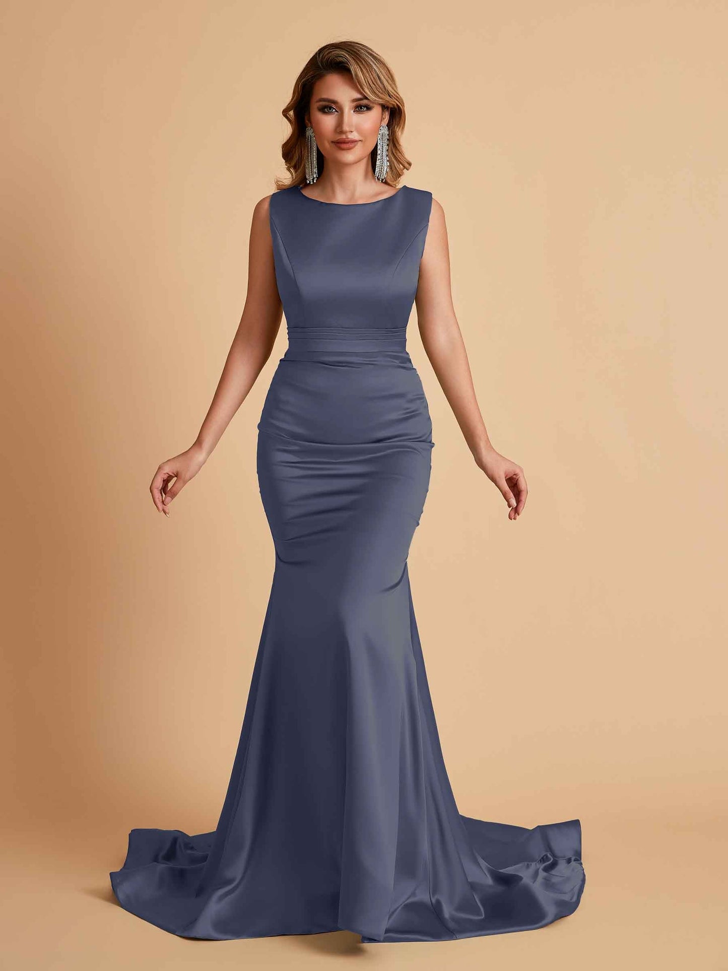 Elegant Satin Sleeveless Pleats Mermaid Bridesmaid Dresses Floor Length