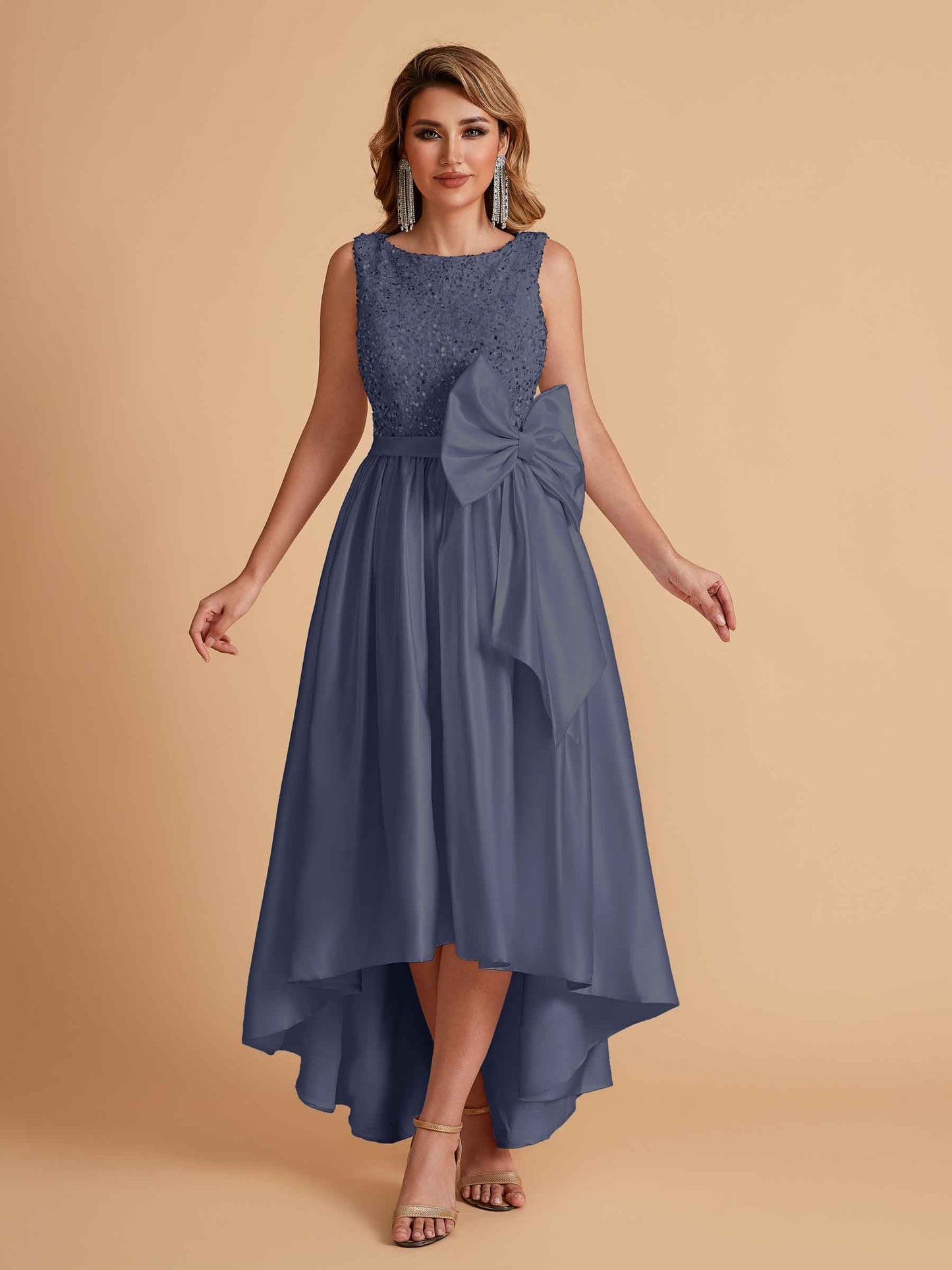 Sparkly Satin Sleeveless Pleats A-line Bridesmaid Dresses High-Low