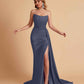 Sexy Satin Sleeveless Pleats Mermaid Bridesmaid Dresses Side Slit Floor Length