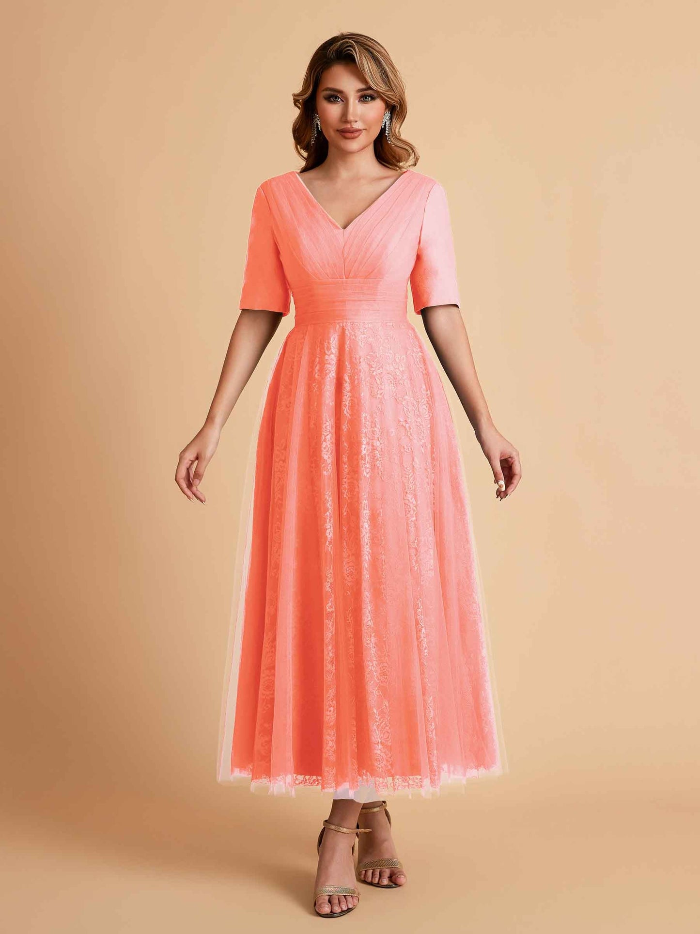 Elegant A-line Half Sleeves V-neck Mother of the Brides Dresses Online