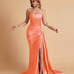 Sexy Satin Sleeveless Pleats Mermaid Bridesmaid Dresses Side Slit Floor Length