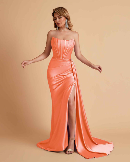 Sexy Satin Sleeveless Pleats Mermaid Bridesmaid Dresses Side Slit Floor Length