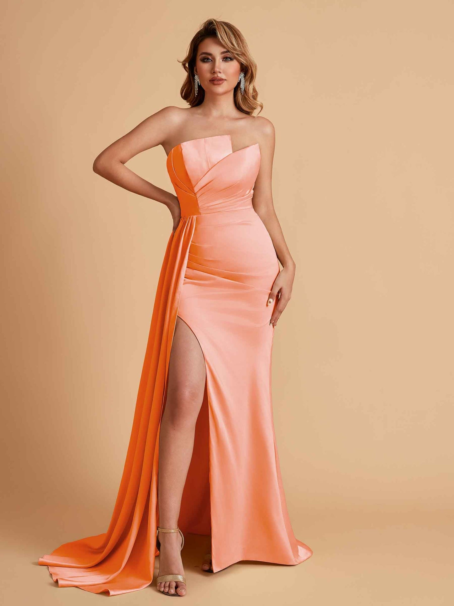 Elegant Satin Sleeveless Asymmetrical Mermaid Side Slit Floor Length Bridesmaid Dresses