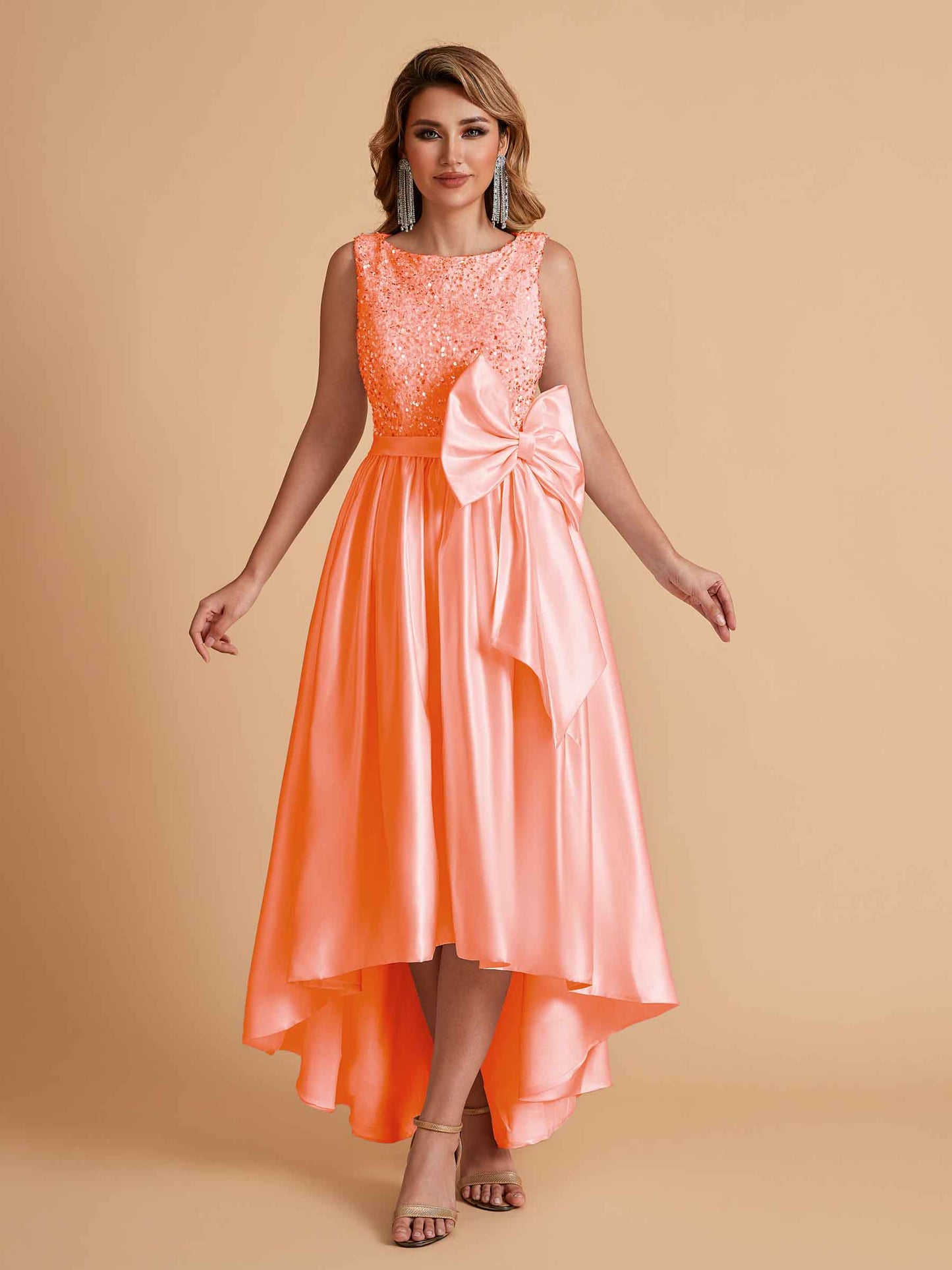 Sparkly Satin Sleeveless Pleats A-line Bridesmaid Dresses High-Low