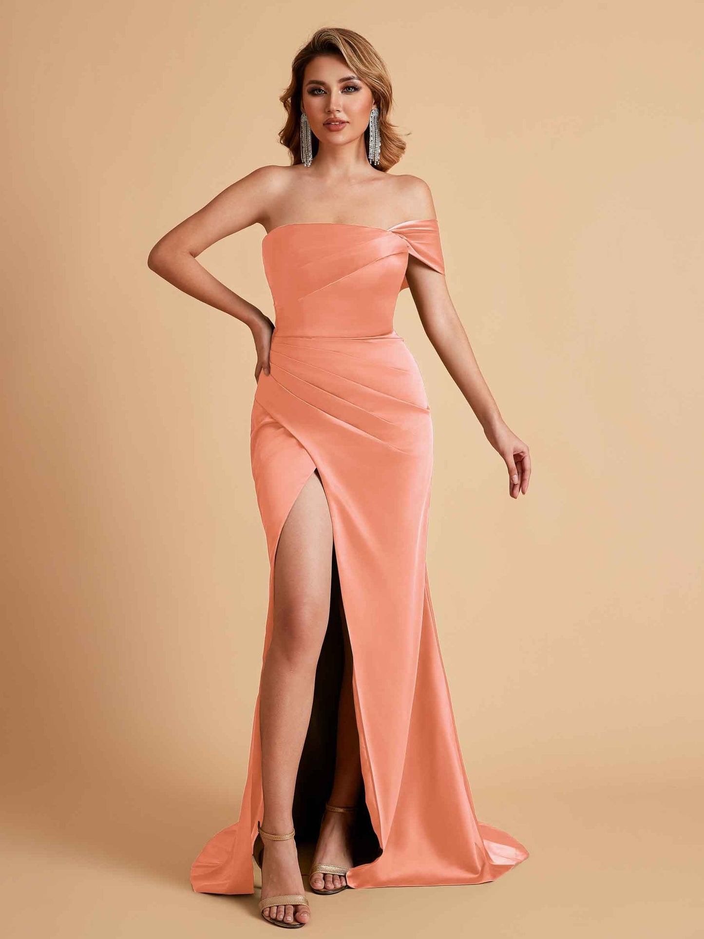 Sexy Satin One Shoulder Pleats Mermaid Bridesmaid Dresses Side Slit Floor Length