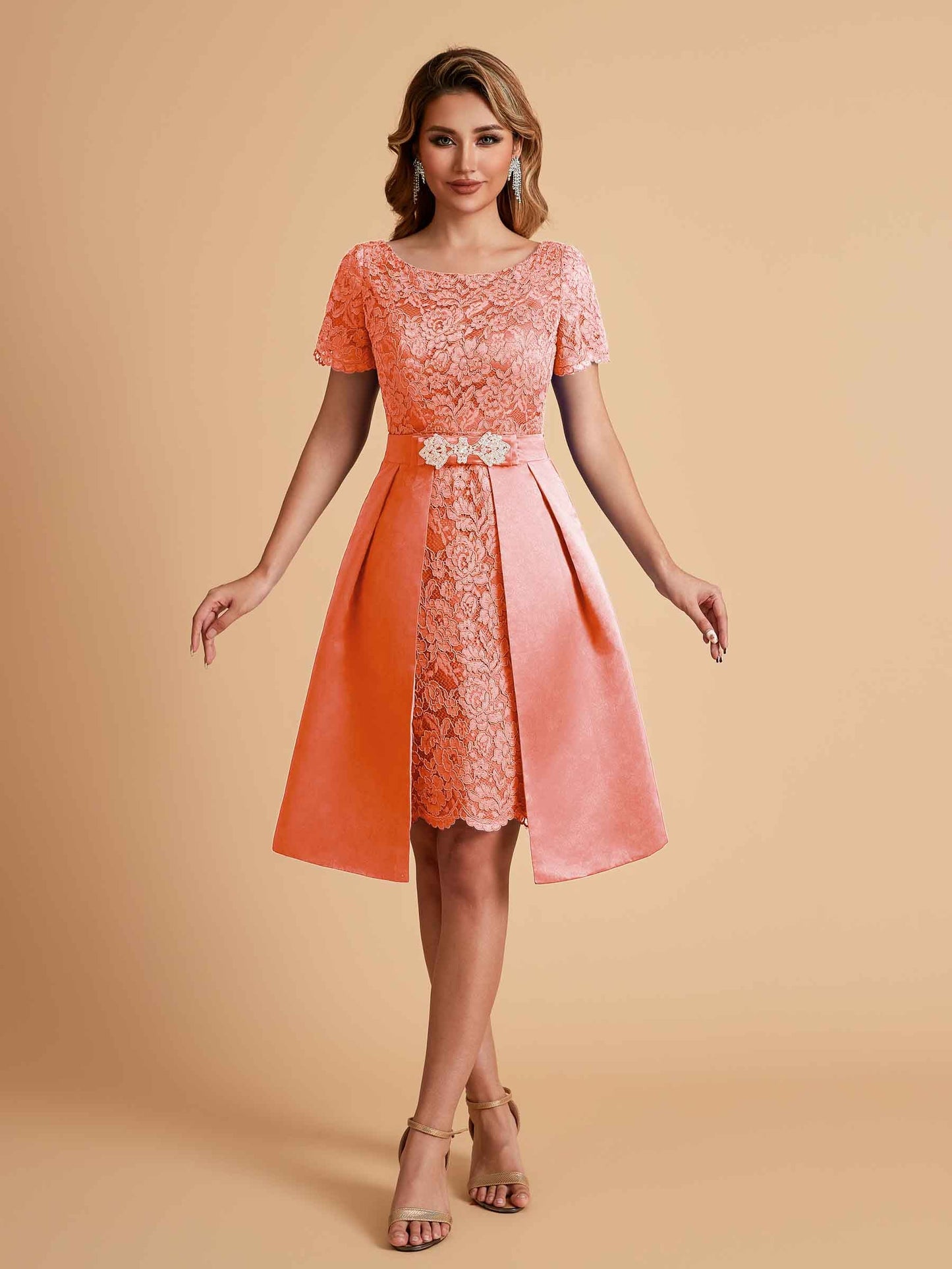 Elegant A-line Short Sleeves Jewel Knee Length Mother of the Brides Dresses