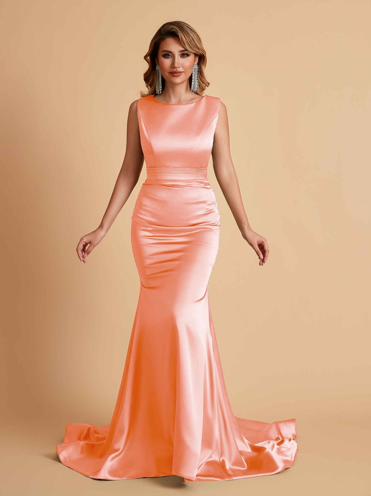 Elegant Satin Sleeveless Pleats Mermaid Bridesmaid Dresses Floor Length