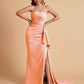 Sexy Satin Side Slit Strapless Pleats Floor Length Mermaid Bridesmaid Dresses