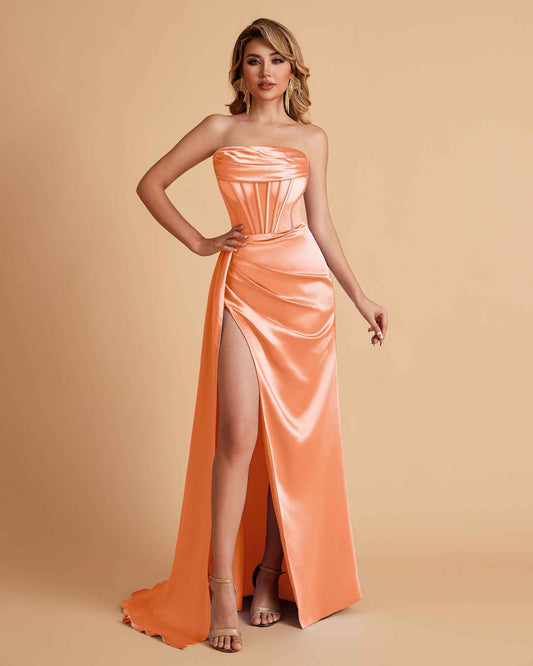 Sexy Satin Strapless Pleats Mermaid Bridesmaid Dresses Side Slit Floor Length