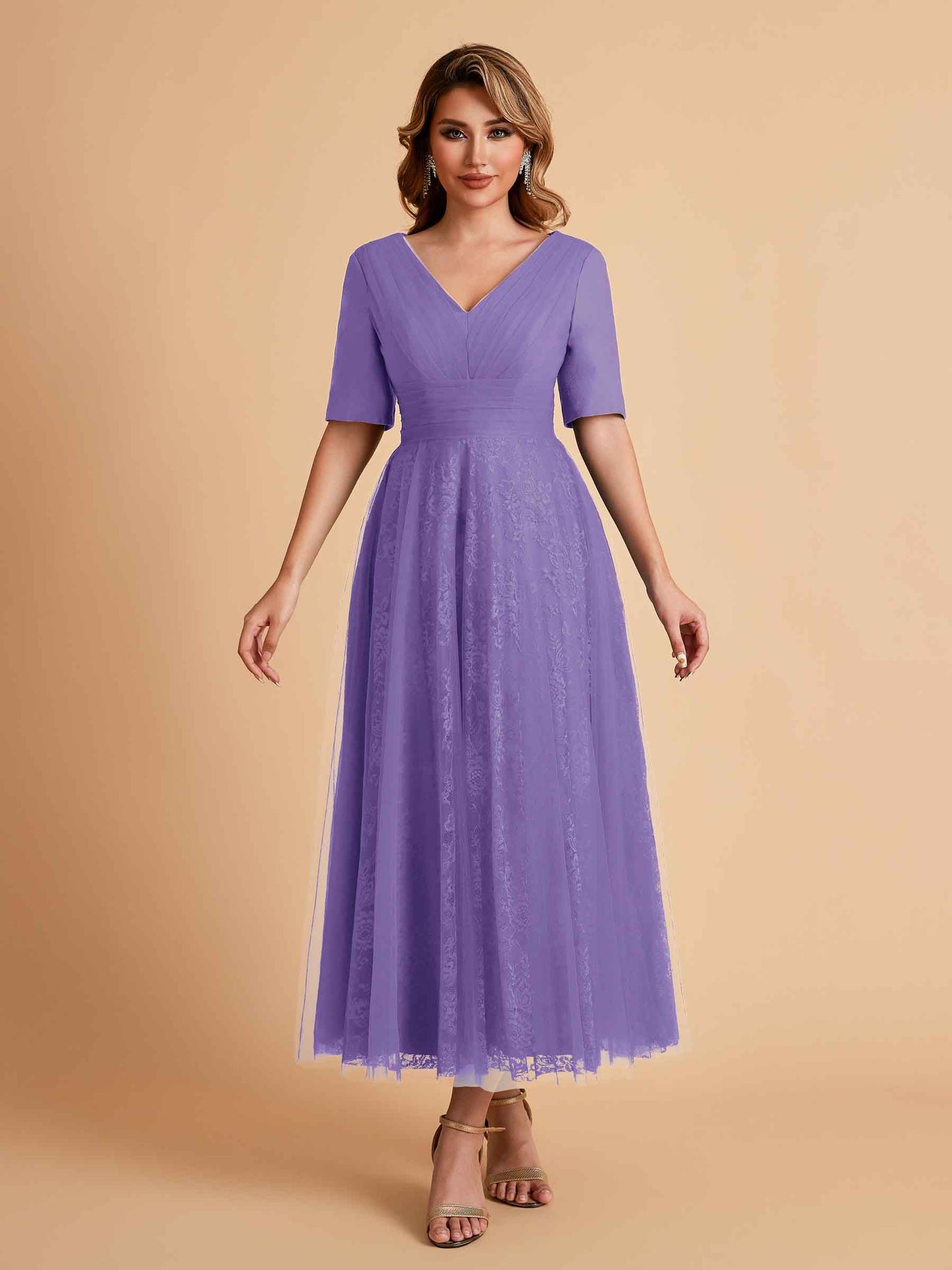 Elegant A-line Half Sleeves V-neck Mother of the Brides Dresses Online