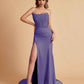 Sexy Satin Strapless Side Slit Floor Length Lace Mermaid Bridesmaid Dresses
