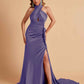 Elegant Satin Halter Pleats Side Slit Mermaid Bridesmaid Dresses Floor-Length