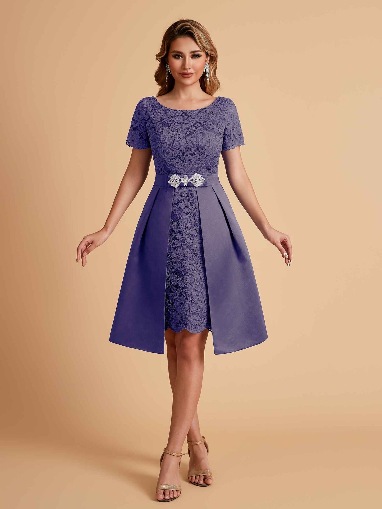 Elegant A-line Short Sleeves Jewel Knee Length Mother of the Brides Dresses