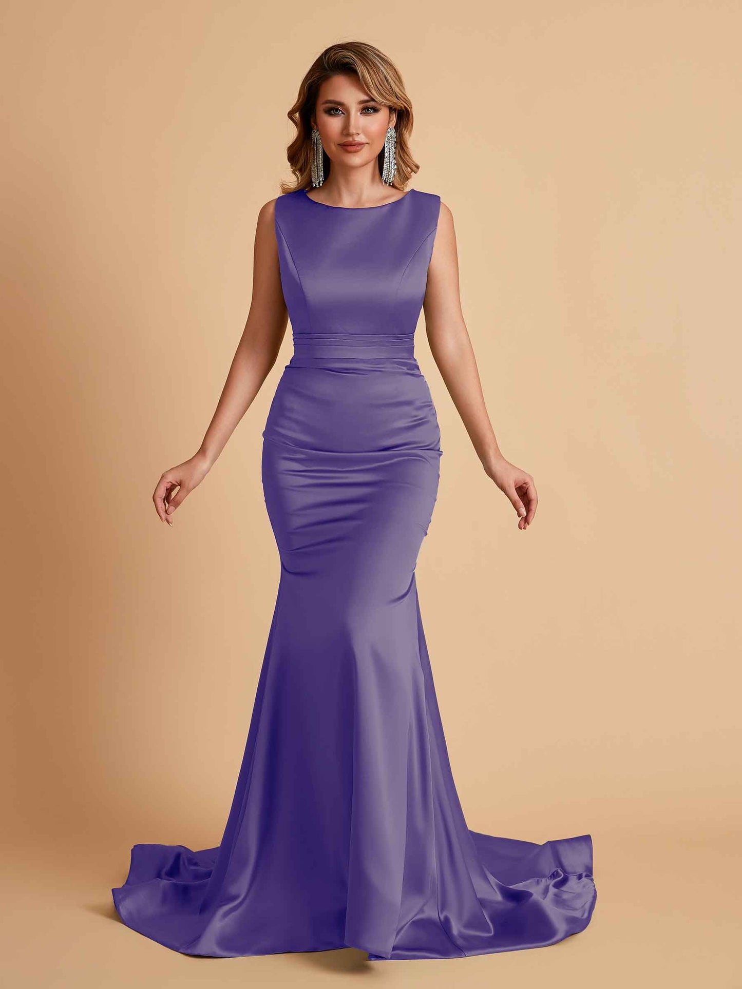 Elegant Satin Sleeveless Pleats Mermaid Bridesmaid Dresses Floor Length
