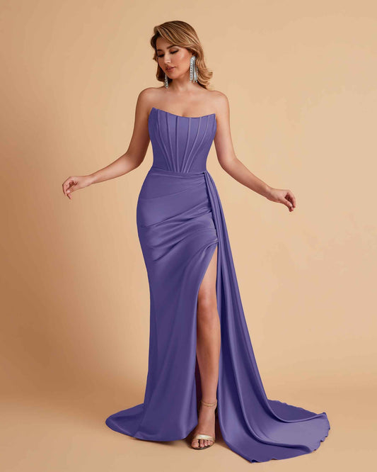 Sexy Satin Sleeveless Pleats Mermaid Bridesmaid Dresses Side Slit Floor Length