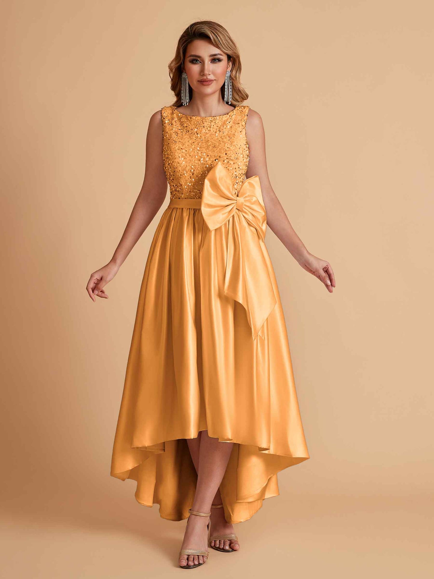 Sparkly Satin Sleeveless Pleats A-line Bridesmaid Dresses High-Low