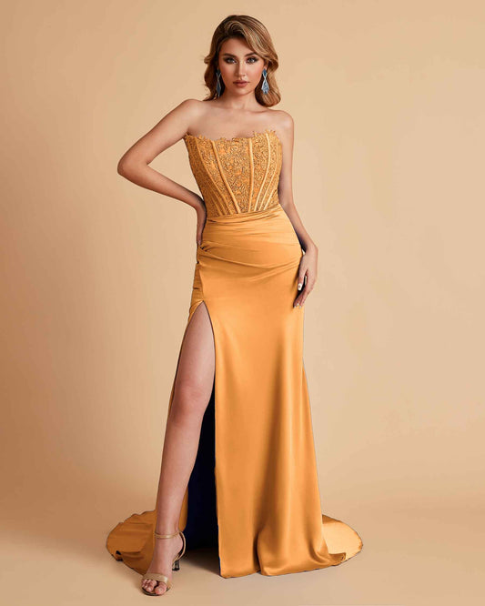 Sexy Satin Strapless Side Slit Floor Length Lace Mermaid Bridesmaid Dresses