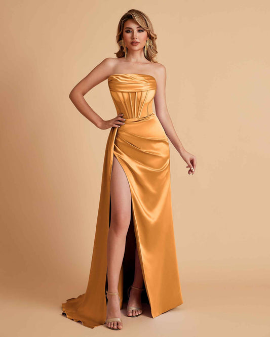 Sexy Satin Strapless Pleats Mermaid Bridesmaid Dresses Side Slit Floor Length