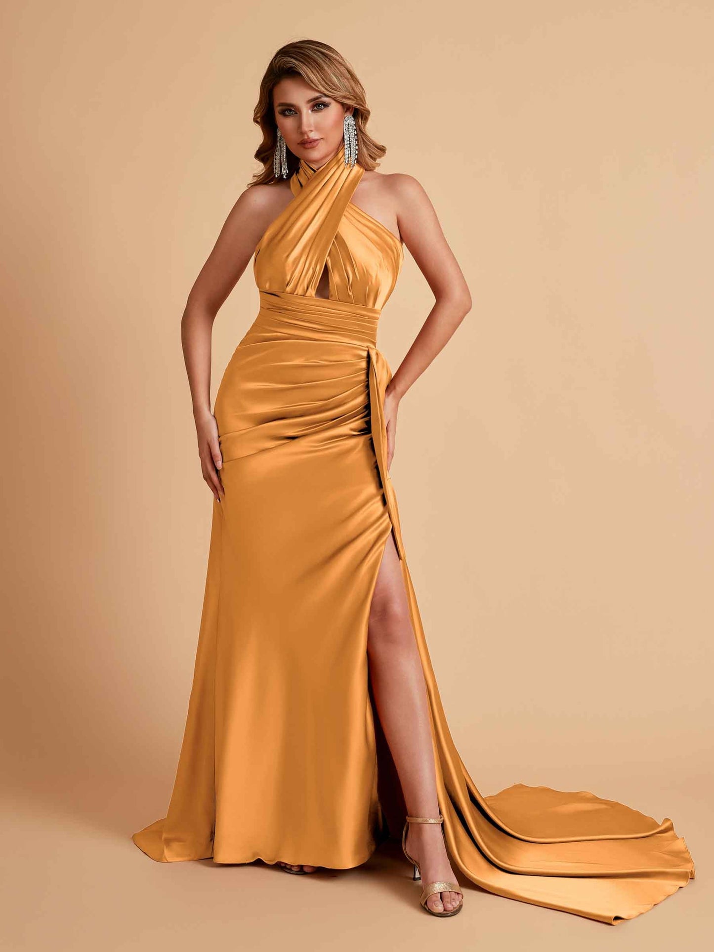 Elegant Satin Halter Pleats Side Slit Mermaid Bridesmaid Dresses Floor-Length