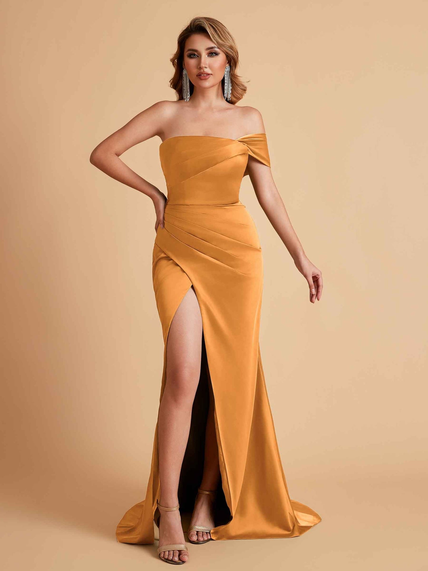 Sexy Satin One Shoulder Pleats Mermaid Bridesmaid Dresses Side Slit Floor Length