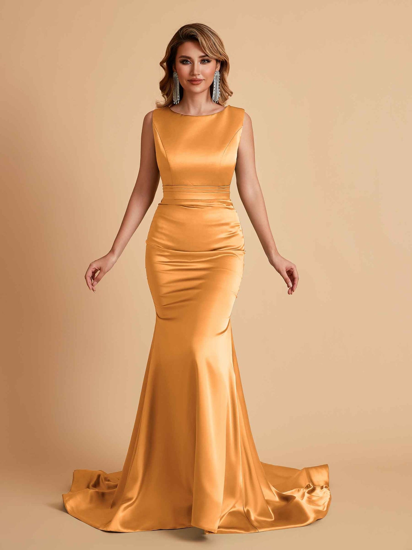 Elegant Satin Sleeveless Pleats Mermaid Bridesmaid Dresses Floor Length