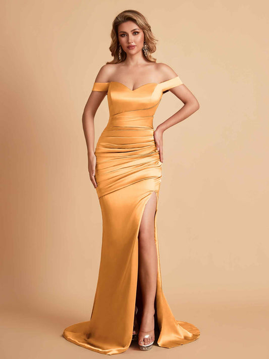 Sexy Soft Satin Off Shoulder Pleats Side Slit Floor-Length Mermaid Bridesmaid Dresses Online