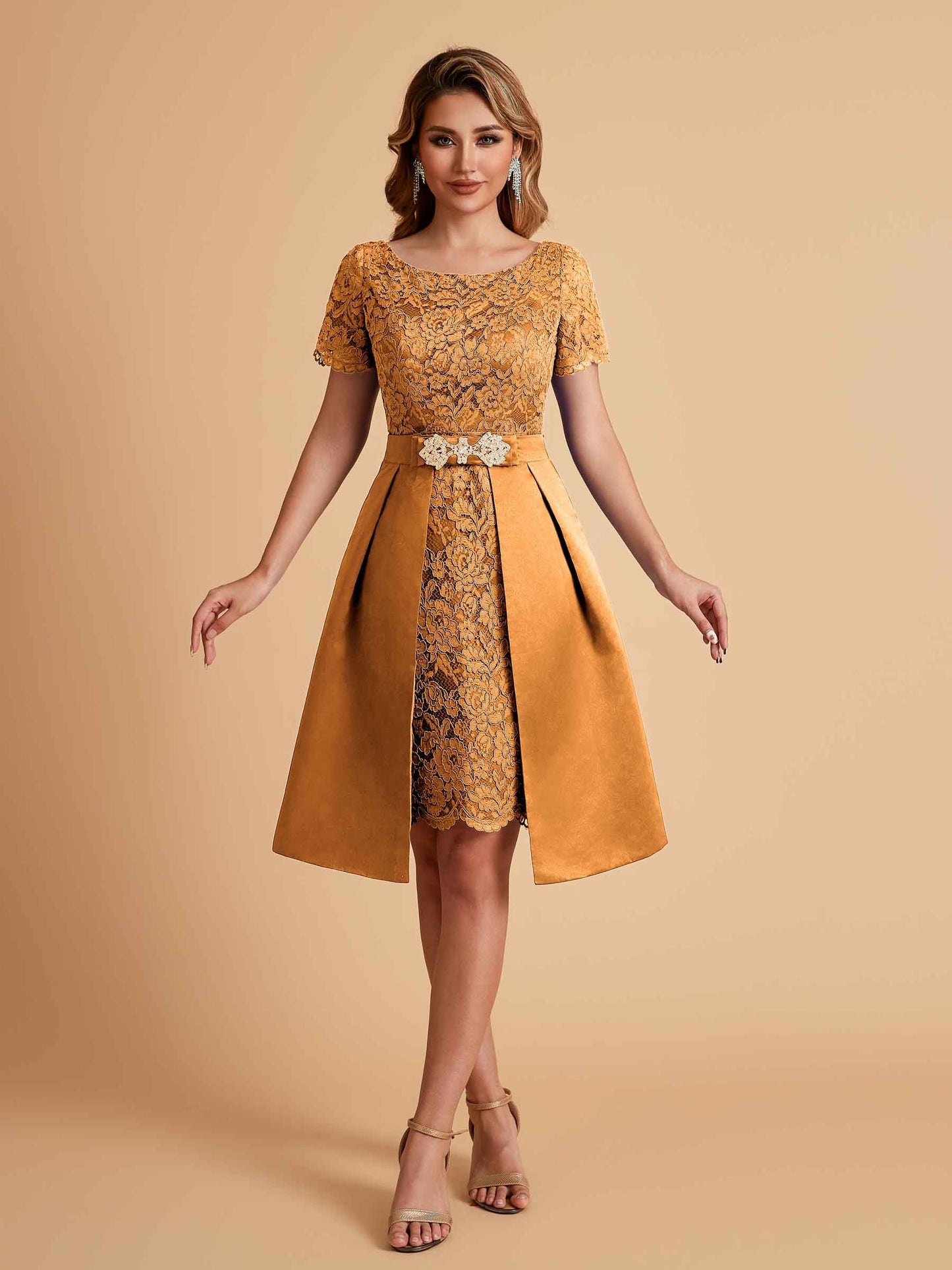 Elegant A-line Short Sleeves Jewel Knee Length Mother of the Brides Dresses