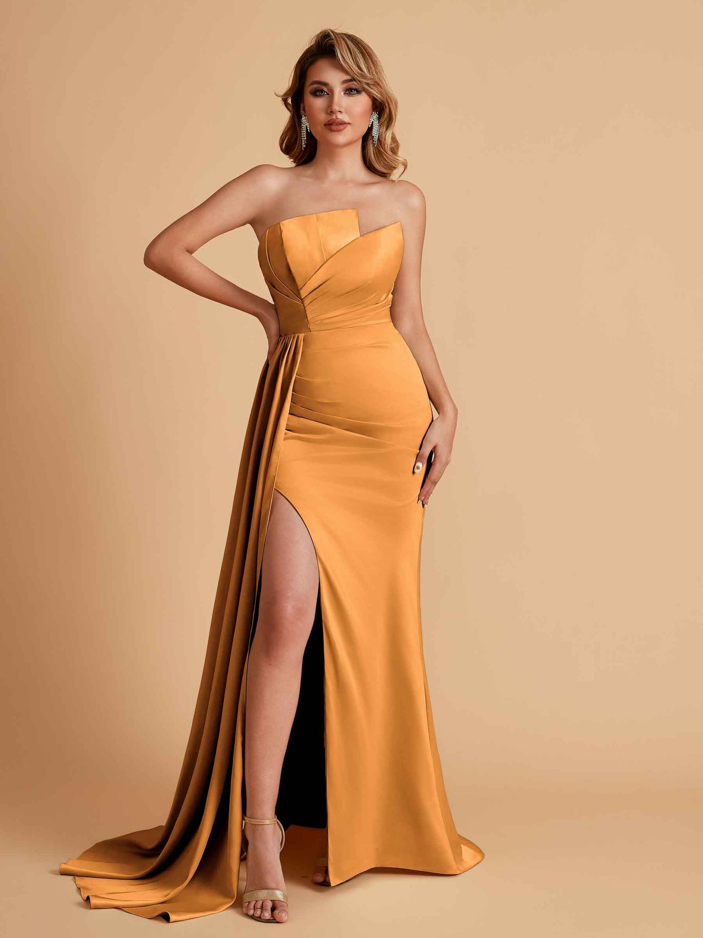 Elegant Satin Sleeveless Asymmetrical Mermaid Side Slit Floor Length Bridesmaid Dresses