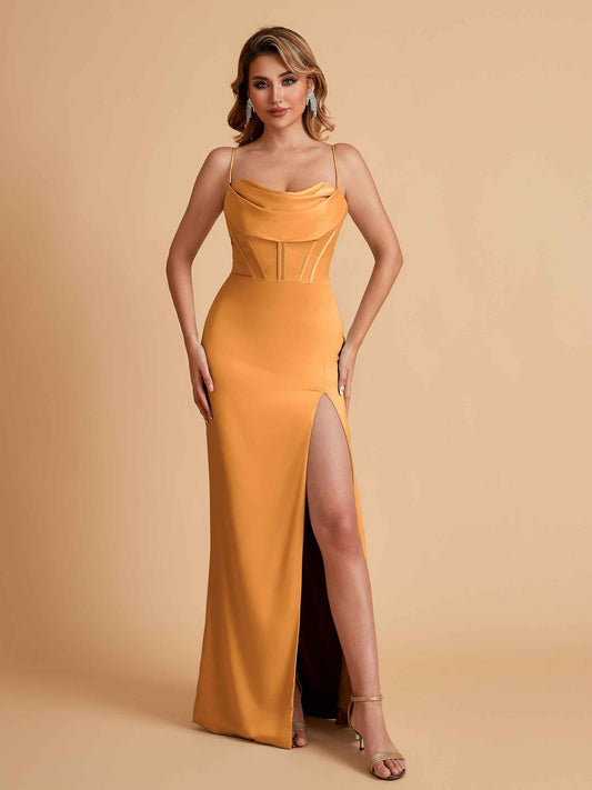 Elegant Satin Spaghetti Straps Mermaid Side Slit Floor Length Bridesmaid Dresses