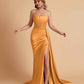 Sexy Satin Sleeveless Pleats Mermaid Bridesmaid Dresses Side Slit Floor Length