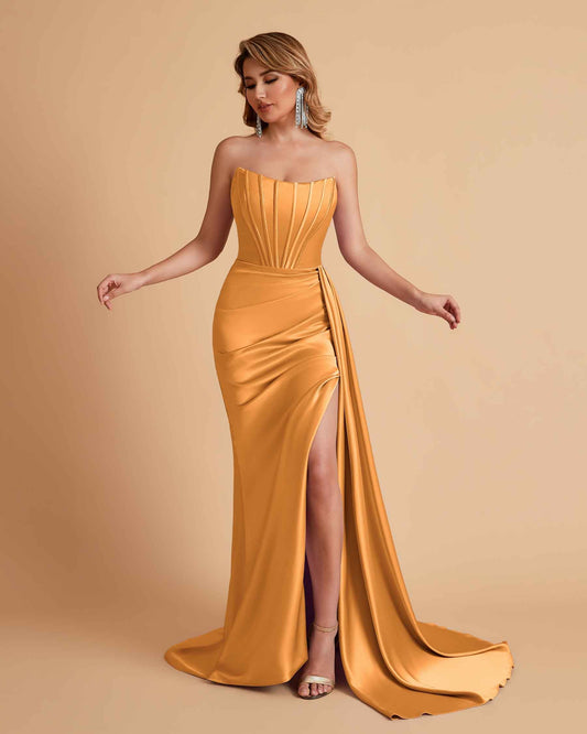 Sexy Satin Sleeveless Pleats Mermaid Bridesmaid Dresses Side Slit Floor Length